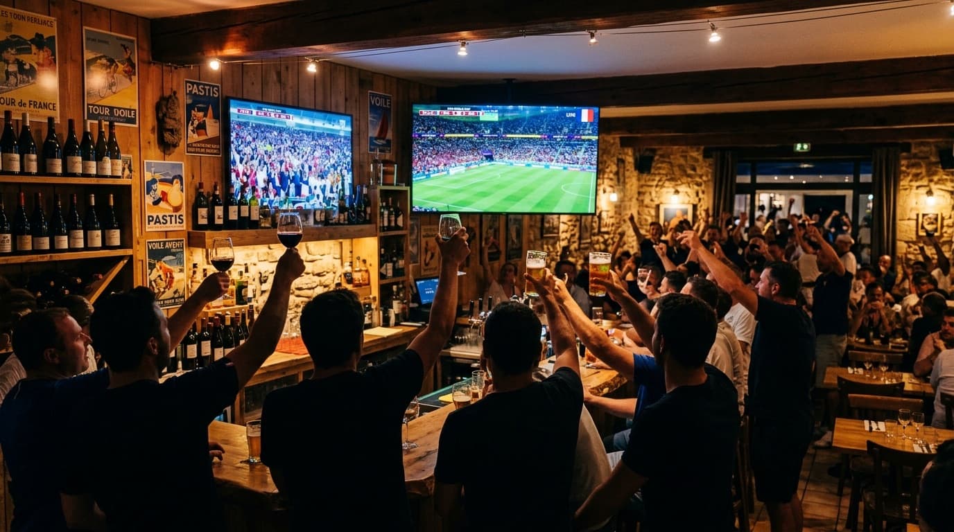Soirée Coupe du monde au bar de La Paillote — clients trinquant devant la retransmission