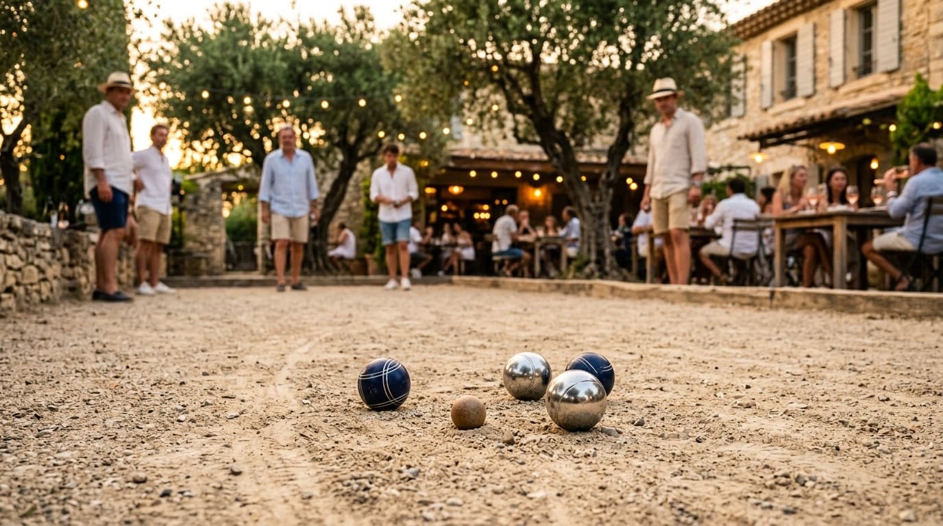 Tournoi de pétanque à La Paillote — boules sur le terrain au coucher du soleil